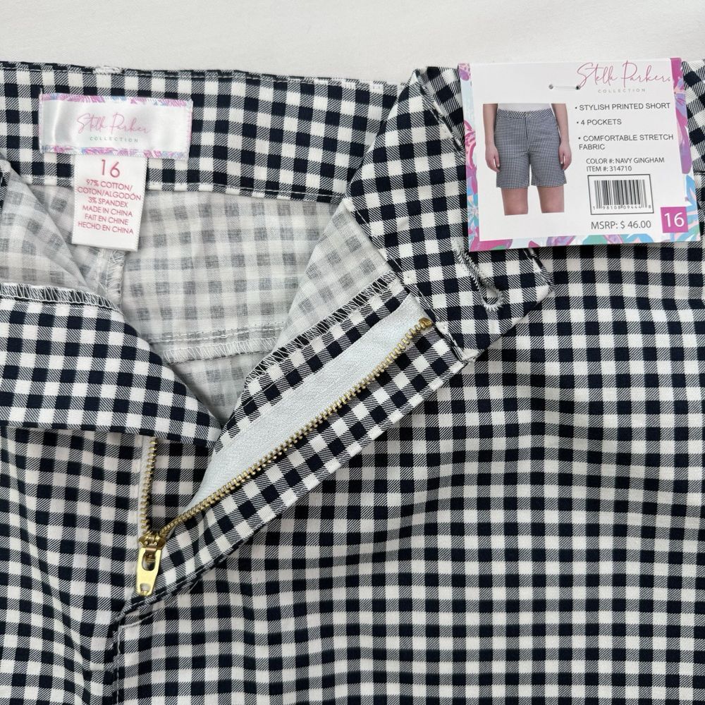 Stella Parker Women's Shorts 16 Stretch Navy Blue Gingham Check Golf NEW $46 - Picture 3 of 6